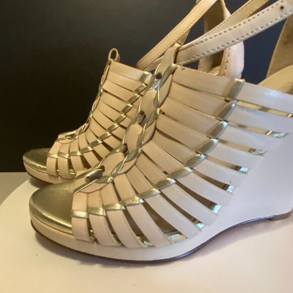 Cole Haan Nike Air Gold & Cream Leather Woven Wedge Sandals – Size 7B - Picture 7 of 16